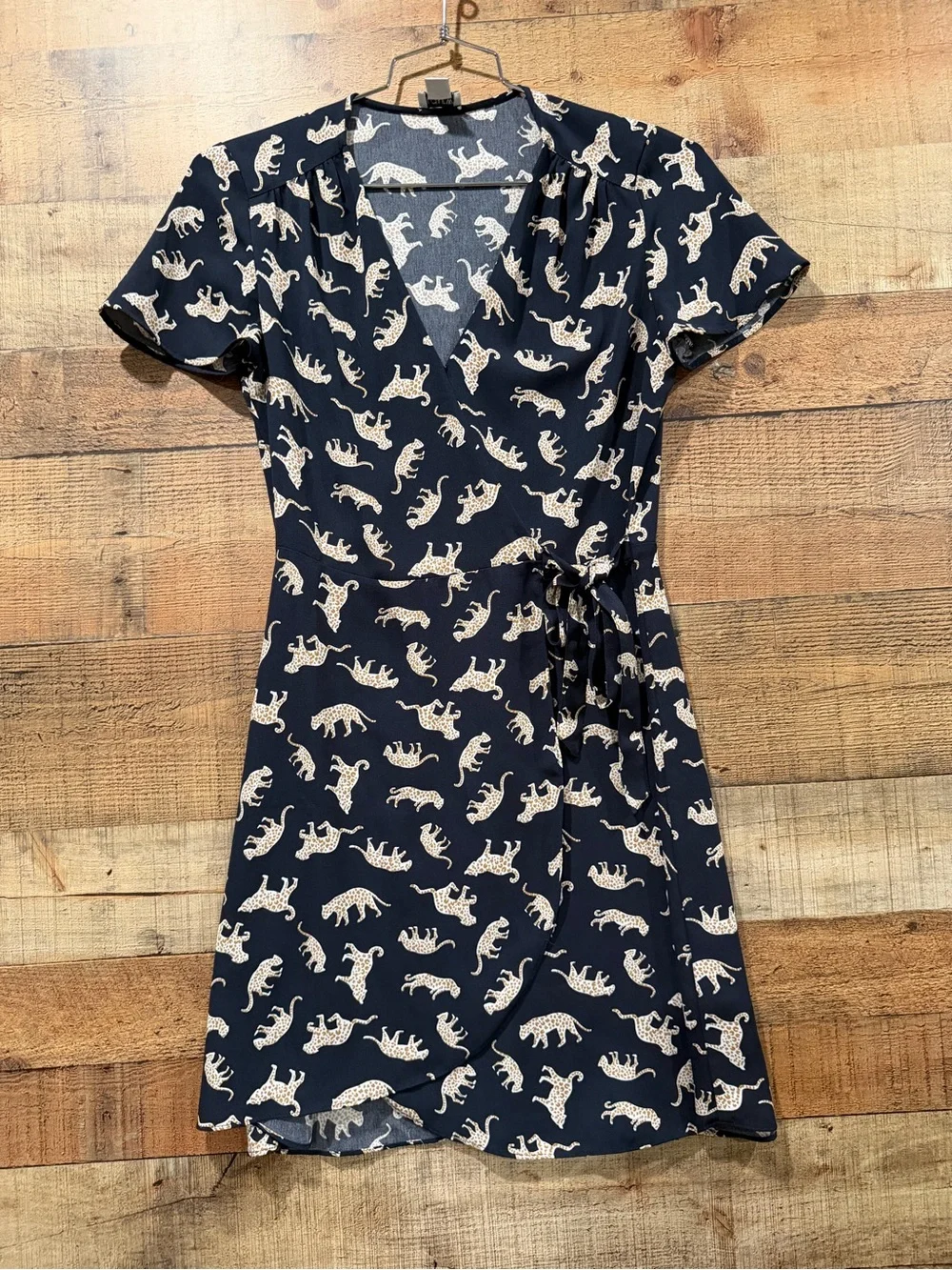 J. Crew Navy Wrap Dress with White Leopard Silhouette Size 2